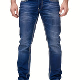 kkboxly  Classic Design Slim Fit Jeans, Men's Casual Street Style Solid Color Mid Stretch Denim Pants For Spring Summer