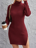 kkboxly  Bodycon Solid Turtleneck Knitted Dress, Elegant Long Sleeve Casual Dress For Fall & Winter, Women's Clothing