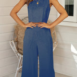 kkboxly  Casual Lounge Vest & Pants Two-piece Set, Button Back Sleeveless Vest & Wide Leg Loose Pants Set, Women's Clothing