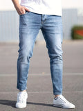 kkboxly  Light Wash Cotton Slim Fit Jeans, Men's Casual Street Style Mid Stretch Denim Pants For Spring Summer