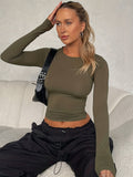 kkboxly  Solid Slim Crew Neck T-Shirt, Casual Long Sleeve Top For Spring & Fall, Women's Clothing