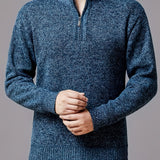 Men's Trendy Knitted Pullover, Casual Mid Stretch Breathable Zip Up Long Sleeve Sweater For Outdoor Fall Winter