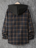 kkboxly  Retro Plaid Shirt Coat For Men Long Sleeve Casual Regular Fit Button Up Hooded Shirts Jacket Shacket