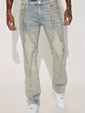 kkboxly  Retro Distressed Raw Trim Jeans, Men's Casual Street Style Medium Stretch Jeans