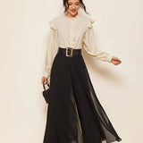 kkboxly  Solid Color Wide Leg Pants, Elegant Belt Loose Pants For Spring & Fall, Women's Clothing