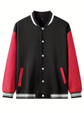 kkboxly  Anime Portrait Pattern Color Block Lightweight Jacket, Men's Casual Stretch Baseball Collar Varsity Jacket For New Generation School