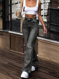 Plain Pipped Holes Flare Jeans, Slash Pockets Distressed High Waist Bell Bottom High Rise Denim Pants, Women's Denim Jeans & Clothing