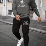 kkboxly  KING Print, Men's 2Pcs Outfits, Casual Crew Neck Long Sleeve Pullover Sweatshirt And Drawstring Sweatpants Joggers Set For Spring Fall, Men's Clothing