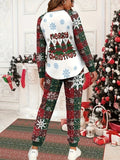 Two-piece Set, Christmas Print Casual Long Sleeve Botton Front Top & Fitted Bottom Pants Outfits, Women's Clothing