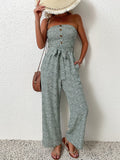 kkboxly  Boho Ditsy Floral Print Off Shoulder Jumpsuit, Casual Button Front Long Length Jumpsuit, Women's Clothing