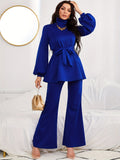 kkboxly  Solid Casual Two-piece Set, Turtle Neck Lantern Sleeve Belted Blouse & Flare Leg Pants Outfits, Women's Clothing