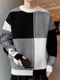 kkboxly  Color Block Chic Sweater, Men's Casual Warm Slightly Stretch Crew Neck Pullover Sweater For Fall Winter