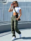 Army Green Cargo Pants, Flap Pockets High Waist Loose Fit Non-Stretch Casual Denim Pants, Y2K Kpop Vintage Style, Women's Denim Jeans & Clothing