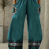 Ethnic Geo Print High Waist Pants, Casual Wide Leg Pants For Vacation, Women's Clothing