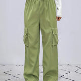 Straight Leg Cargo Pants, Y2K High Waist Solid Pants For Spring & Fall, Women's Clothing