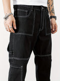 Pocket Men's Straight Leg Cargo Pants, Loose Trendy Outdoor Pants, Mens Denim Pants