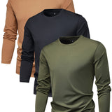 kkboxly 3Pcs Men's Crew Neck Long Sleeve Active T-shirt Tee, Casual Comfy Shirts For Spring Summer Autumn, Men's Clothing Tops