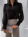 kkboxly  Plus Size Elegant Blouse, Women's Plus Solid Button Up Contrast Lace Sleeve Turn Down Collar Blouse