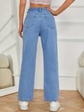 Light Blue Casual Straight Jeans, Non-Stretch Loose Fit Slash Pockets Denim Pants, Women's Denim Jeans & Clothing