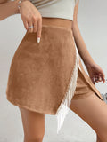 kkboxly  Shiny Rhinestone Tassels Zipper Back Shorts, Casual Asymmetrical Hem Shorts, Women's Clothing