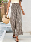 kkboxly  Allover Print Wide Leg Pants, Casual Shirred Waist Pants For Spring & Summer, Women's Clothing