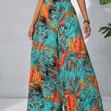 kkboxly  Boho Plants Print Pants, Casual High Waist Elastic Wide Leg Summer Beach Palazzo Pants, Women's Clothing