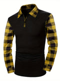 kkboxly  Retro Plaid Shirt, Men's Casual V-Neck Pullover Long Sleeve Rugby Shirt For Winter Fall, Men's Clothing