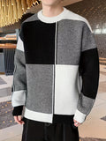 kkboxly  Color Block Chic Sweater, Men's Casual Warm Slightly Stretch Crew Neck Pullover Sweater For Fall Winter