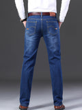 kkboxly  Men's Straight Leg Slim Stretch Retro Jeans Mid Waist Basic Zipper Wash Denim Pants