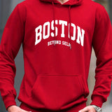 kkboxly Plus Size Men's "BOSTON" Print Hooded Sweatshirt Oversized Hoodies Fashion Casual Tops For Spring/autumn, Men's Clothing