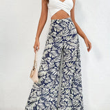 kkboxly  Boho Plants Print Pants, Casual High Waist Elastic Wide Leg Summer Beach Palazzo Pants, Women's Clothing