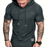 kkboxly  Plus Size Men's Basic Short Sleeve Hooded T-shirt, Summer Comfy Tops With Drawstring