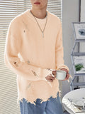 Men's Fall Winter Pullover Sweater Drop Shoulder Ripped Knit Sweater Round Neck Casual Knitwear