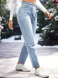 High Rise Light Wash Blue Mom Jeans, Zipper Button Closure Slash Pocket Solid Color Casual Denim Pants, Women's Denim Jeans & Clothing