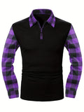 kkboxly  Retro Plaid Shirt, Men's Casual V-Neck Pullover Long Sleeve Rugby Shirt For Winter Fall, Men's Clothing