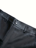 kkboxly  Classic Design Fleece Pu Pants, Men's Casual Straight Leg Solid Color Biker Faux Leather Pants For Fall Winter