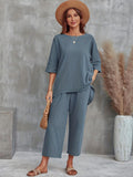 kkboxly Solid Simple Two-piece Est, Crew Neck 3/4 Sleeve Tops & Wide Leg Pants Outfits, Women's Clothing