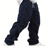 Solid Color Loose Baggy Pants Men's Casual Drawstring Cargo Pants, Hip Hop Rapper Style Outdoor Pants, Men's Work Pants Streetwear Hippie