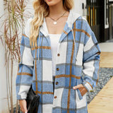 kkboxly  Plaid Print Hooded Shirt, Casual Drawstring Long Sleeve Shirt, Women's Clothing