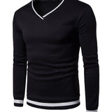 kkboxly  Men's Colorblock Autumn Winter Warm V-Neck Long Sleeve Sweatshirt