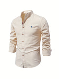 kkboxly  Solid Color Men's Cotton Long Sleeve Button Up Shirt With Stand Collar, Spring Fall