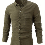 kkboxly Solid Corduroy Men's Long Sleeve Shirt With Chest Pocket, Men's Thick Casual Button Up Shirt For Fall Winter