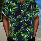 kkboxly  Casual Tropical Leaf Non-positioning Pattern Short Sleeve Shirt With Chest Pocket, Men's Hawaiian Shirt For Summer Vacation Resort