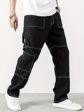 Pocket Men's Straight Leg Cargo Pants, Loose Trendy Outdoor Pants, Mens Denim Pants