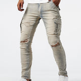 Slim Fit Multi Pocket Jeans, Men's Casual Street Style High Stretch Denim Cargo Pants