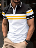 kkboxly  Horizontal Stripe Color Block Print Men's Casual Button Up Short Sleeve Polo Shirt, Men's Polo For Summer