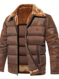 kkboxly  Men's Casual Warm PU Leather Jacket, Chic Faux Fur Collar Padded Coat For Fall Winter
