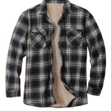 kkboxly  Men's Warm Fleece Plaid Shirt Coat, Casual Retro Lapel Button Up Chest Pocket Jacket For Fall Winter