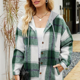 kkboxly  Plaid Print Hooded Shirt, Casual Drawstring Long Sleeve Shirt, Women's Clothing