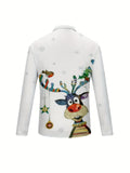 kkboxly  Cartoon Christmas Deer 3D Print, Men's Trendy Long Sleeve Zipper Shirt, Gift For Men